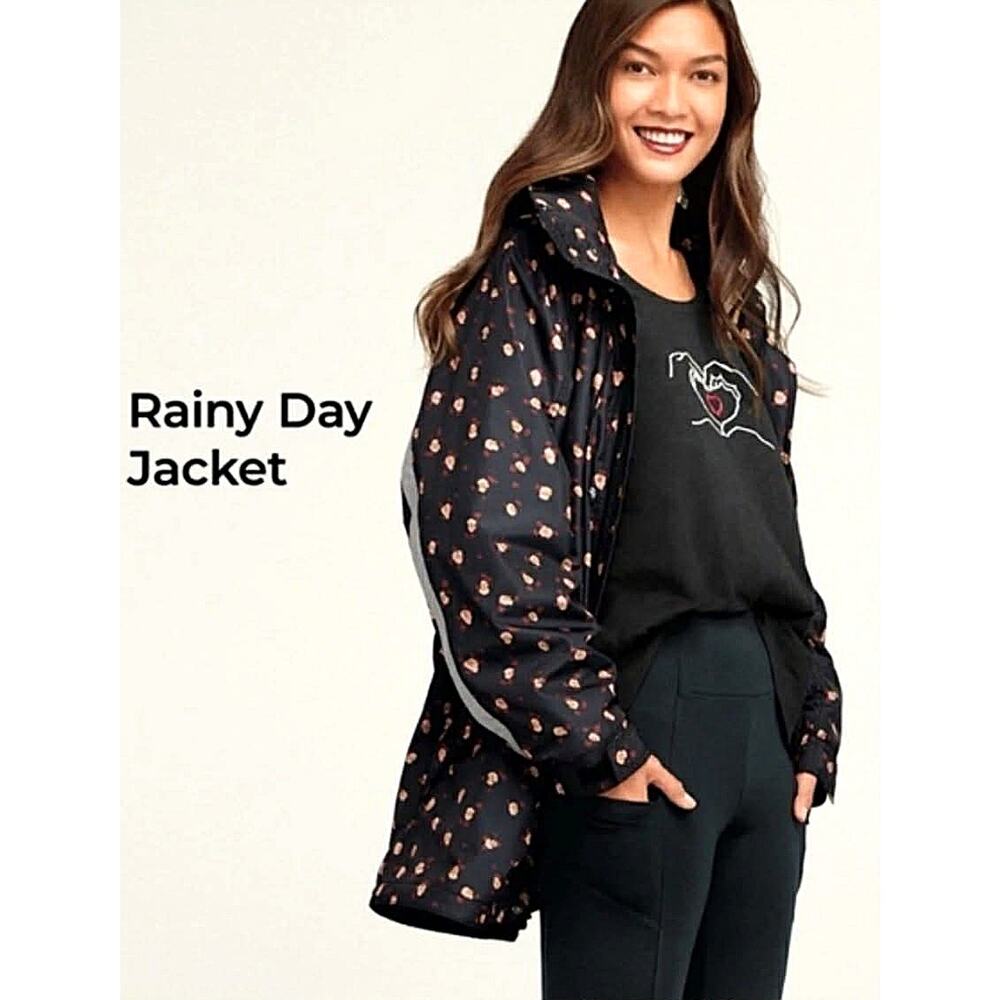 Cabi $190 Rainy Day Jacket Black Floral M Hooded Waterproof Anorak Coat #4115
